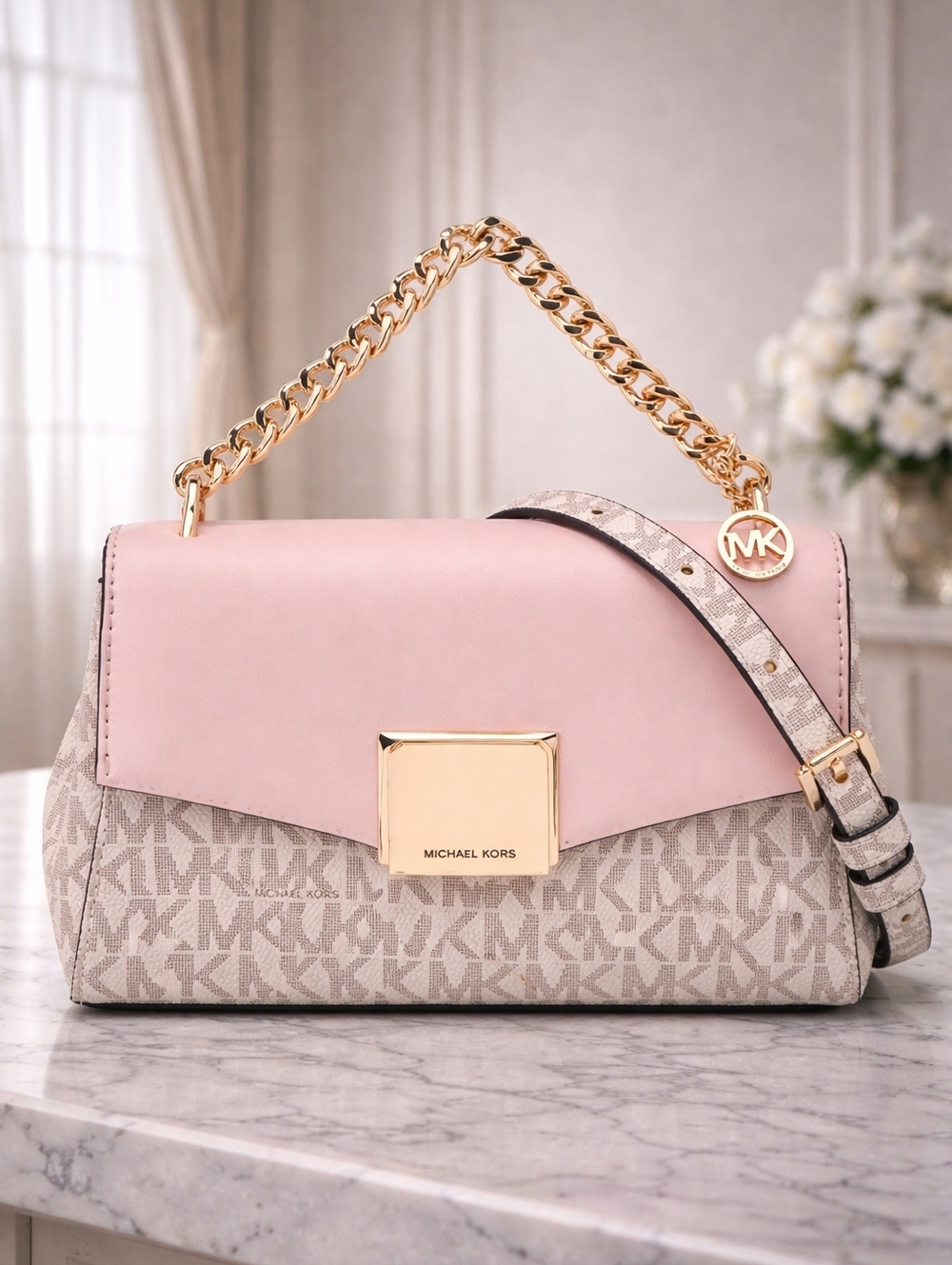 Michael Kors Lita Small Shoulder Bag MK Signature Vanilla Blush Pink Gold Chain - Picture 1 of 5